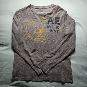 American Eagle Outfitters Grey and Yellow Graphic Long Sleeve Tee